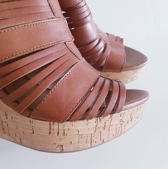 FRANCO SARTO Brown Leather Platform Cork Wedges - Picture 6 of 13